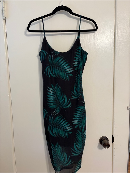 A Peach Dresses & Skirts - Slip Midi Dress with Green Tropical Leaf Print